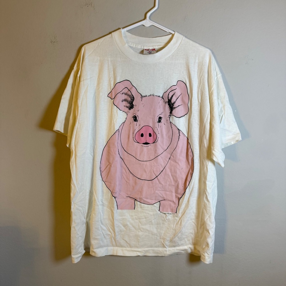 Vintage 1990 Sock and Roll Corp Pig Graphic T-Shirt Tee Jays White XL USA Made